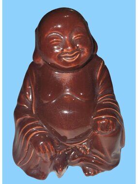 Vintage Brown Ceramic Laughing Buddha Figurine - 4.5x3" Tall*60